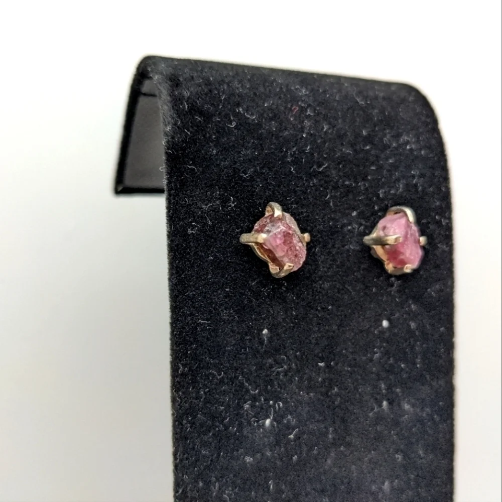 Raw Pink Tourmaline 925 Silver Stud Earrings NIB
